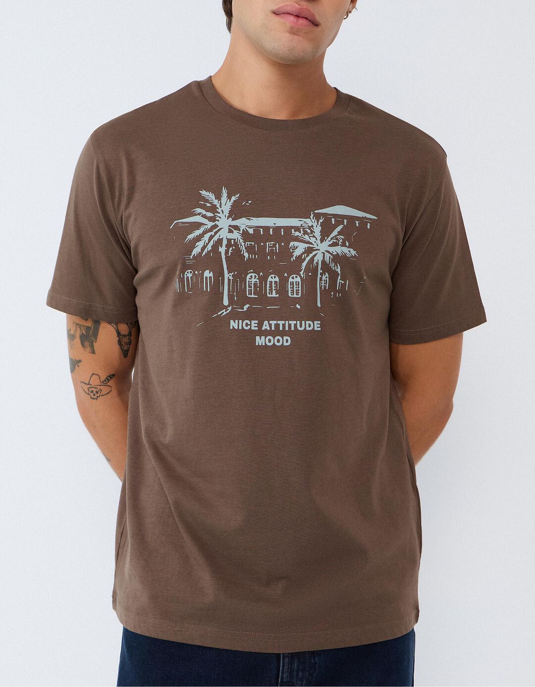 T-shirt Jersey Estampada, Homem, Castanho