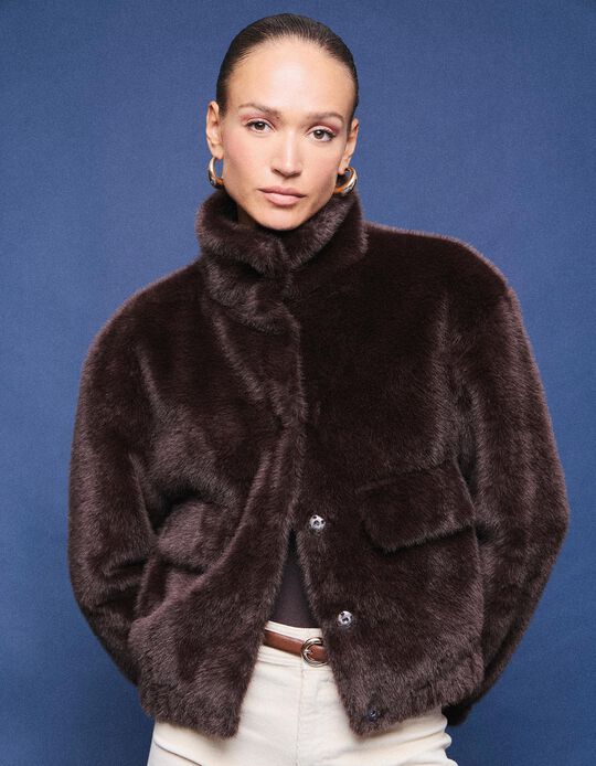 Comprar Online Casaco Bomber Efeito Pelo, Mulher, Castanho
