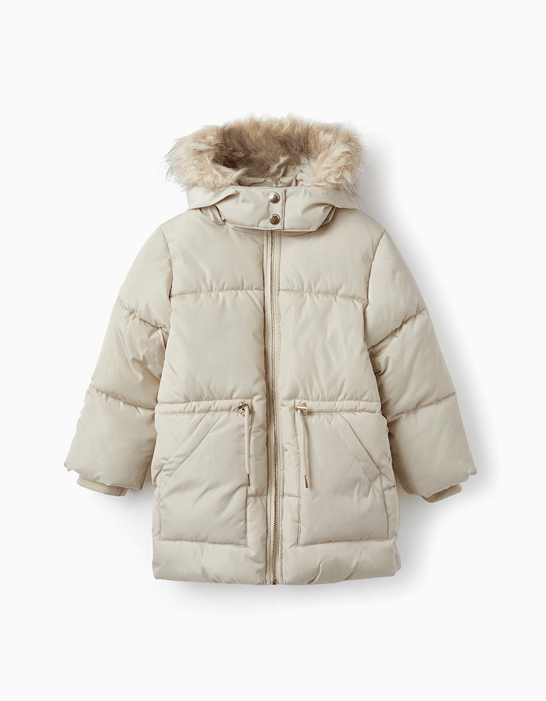 Padded Hooded Jacket with Fur for Girls, Beige
