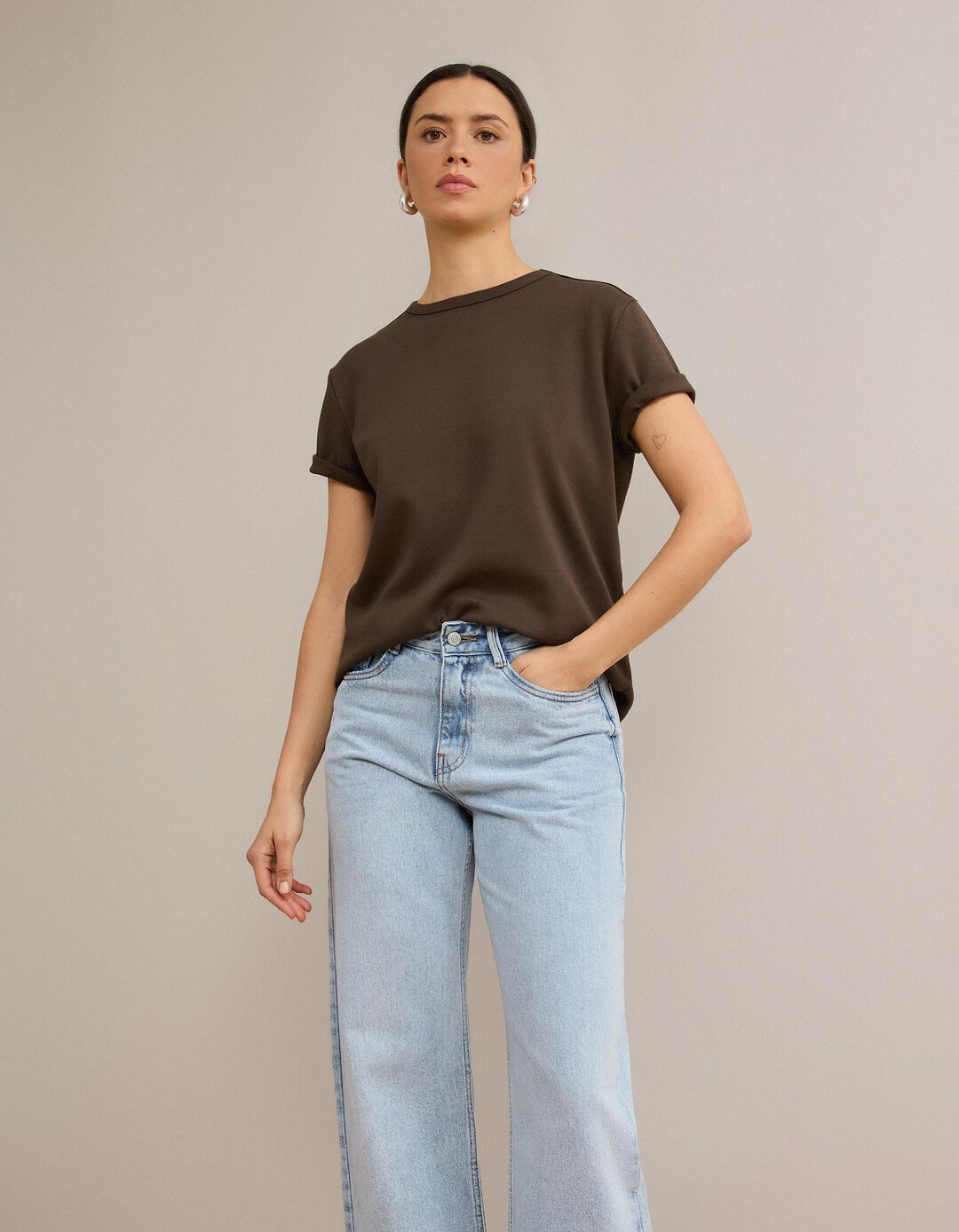 T-shirt Interlock Manga Curta, Mulher, Castanho Escuro