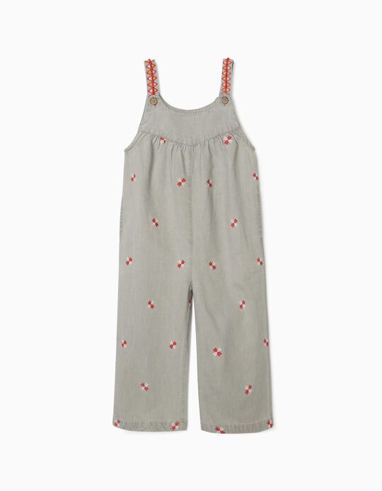 Denim Jumpsuit with Beads and Embroidery for Girls, Grey