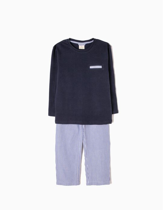Pijama de Manga Comprida e Cal&ccedil;as Azul Riscas
