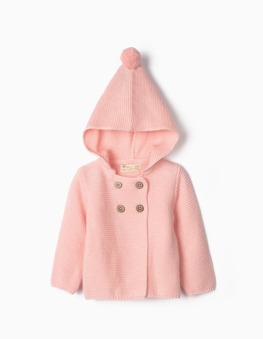 Hooded Knit Jacket 100% Cotton for Newborn, Pink