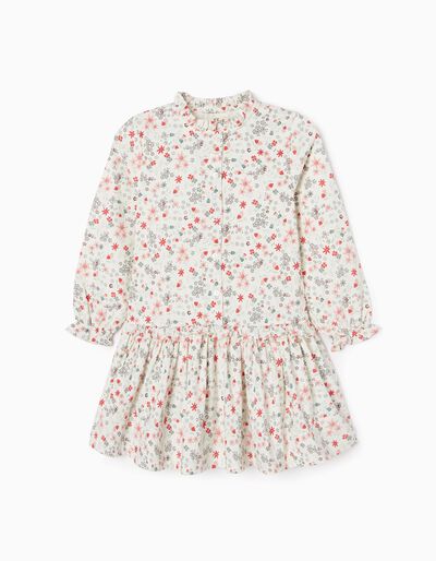 Floral Corduroy Cotton Dress for Girls, White