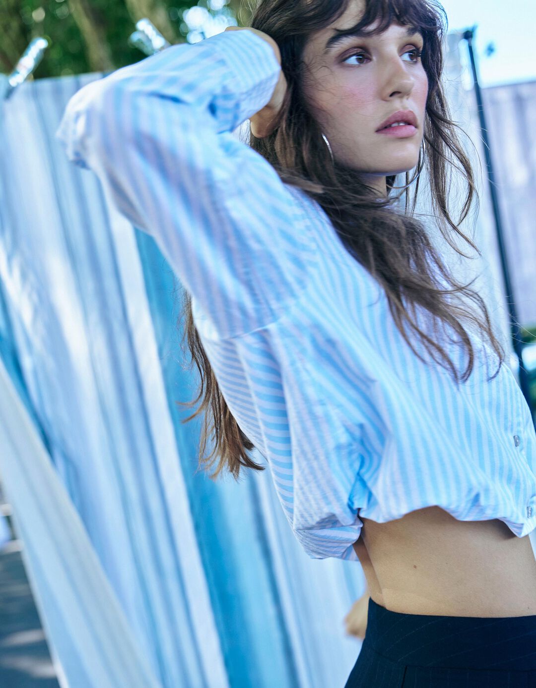 Camisa Curta &Agrave;s Riscas, Mulher, Azul Claro