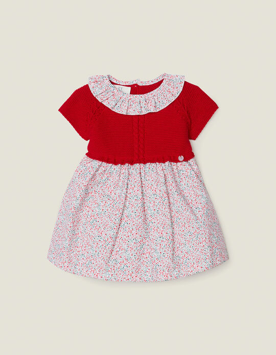 Dual Fabric Dress for Baby Girls, Red/White