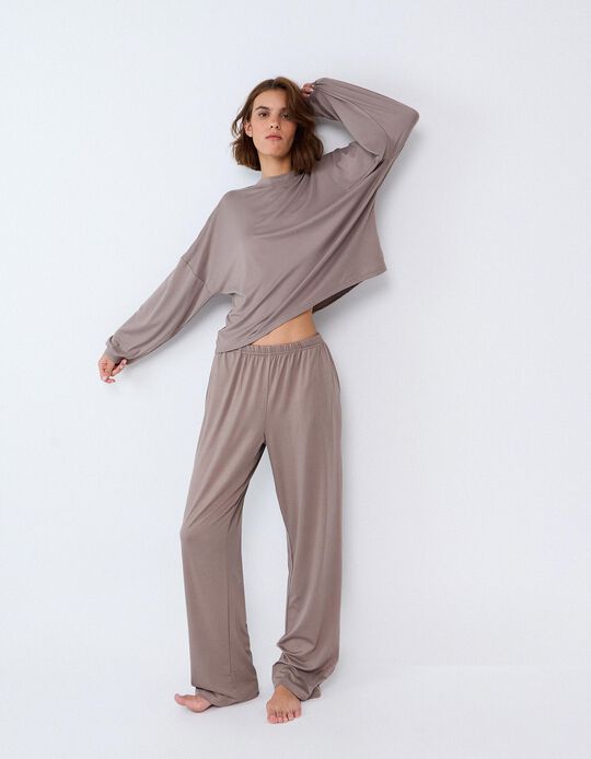 Comprar Online Pijama De Malha &Agrave;s Riscas, Mulher, Bege Escuro