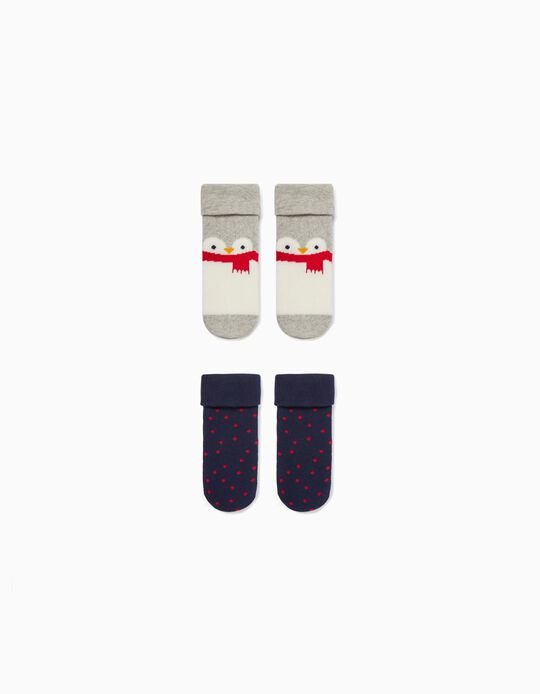 2-Pack Non-slip Socks for Babies 'Penguin', Grey/Dark Blue