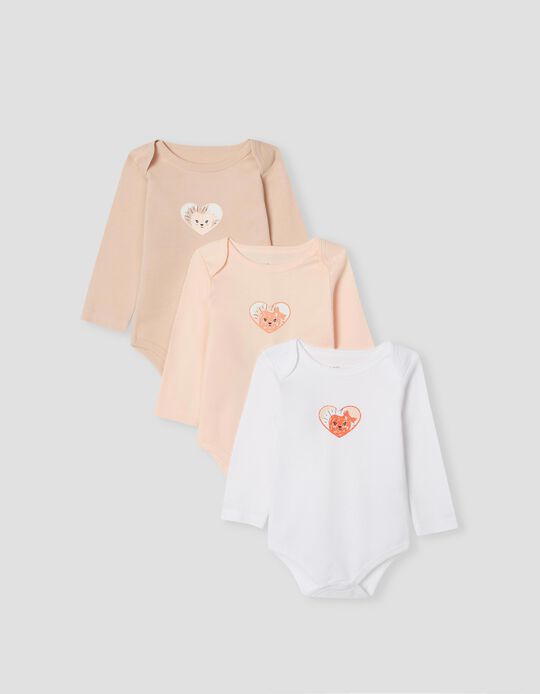 3 Cotton Bodysuits, Babies, Pink/ White
