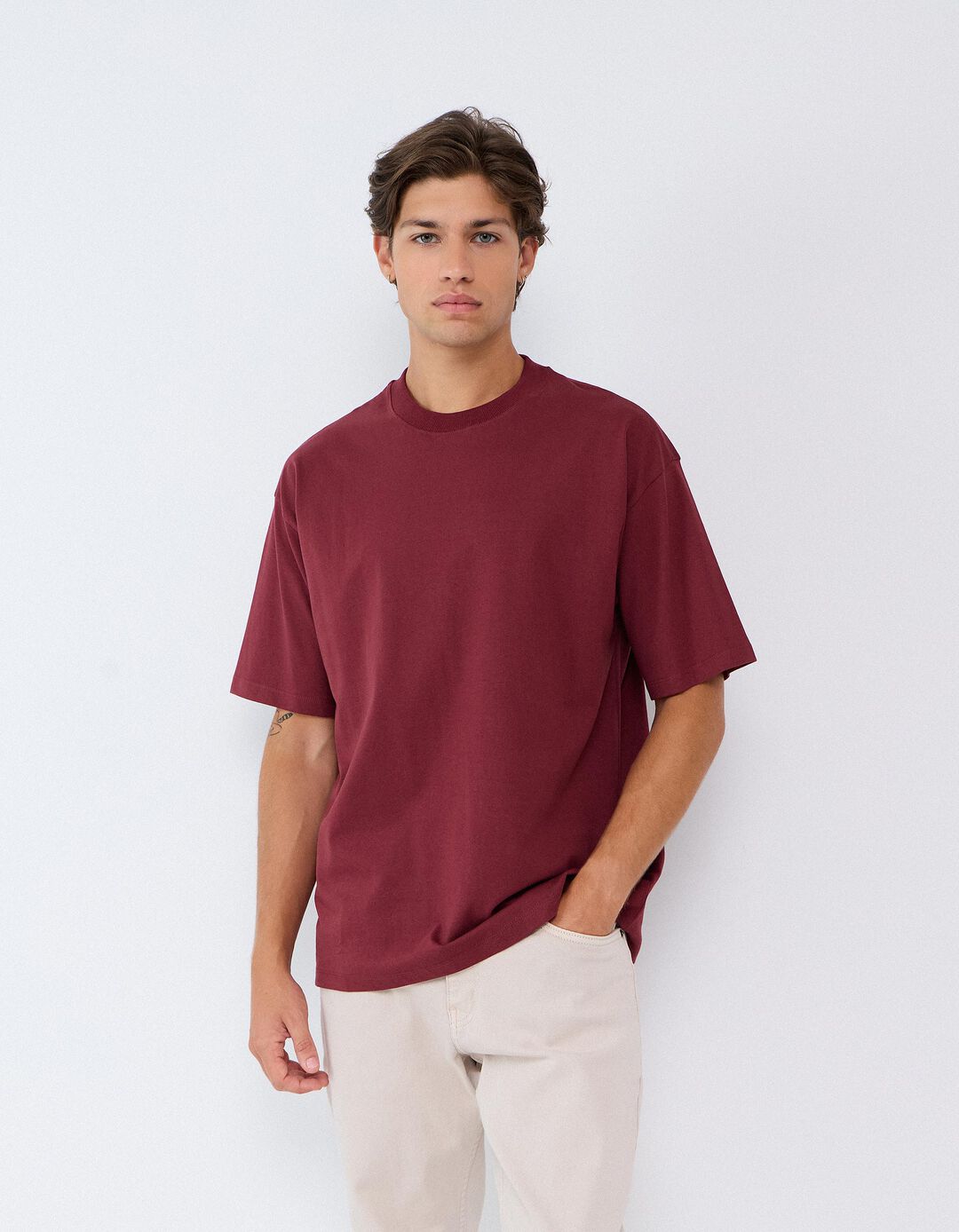 T-shirt 'Loose Fit', Homem, Vermelho Escuro