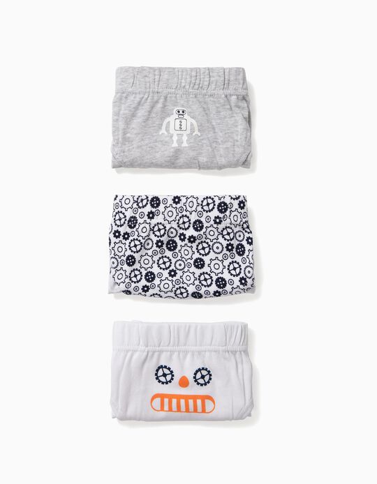 Pack 3 Cuecas para Menino 'Robots', Branco e Cinza