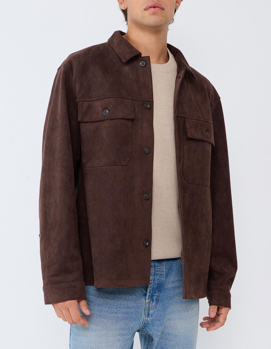 Sobrecamisa Efeito Camur&ccedil;a, Homem, Castanho Escuro
