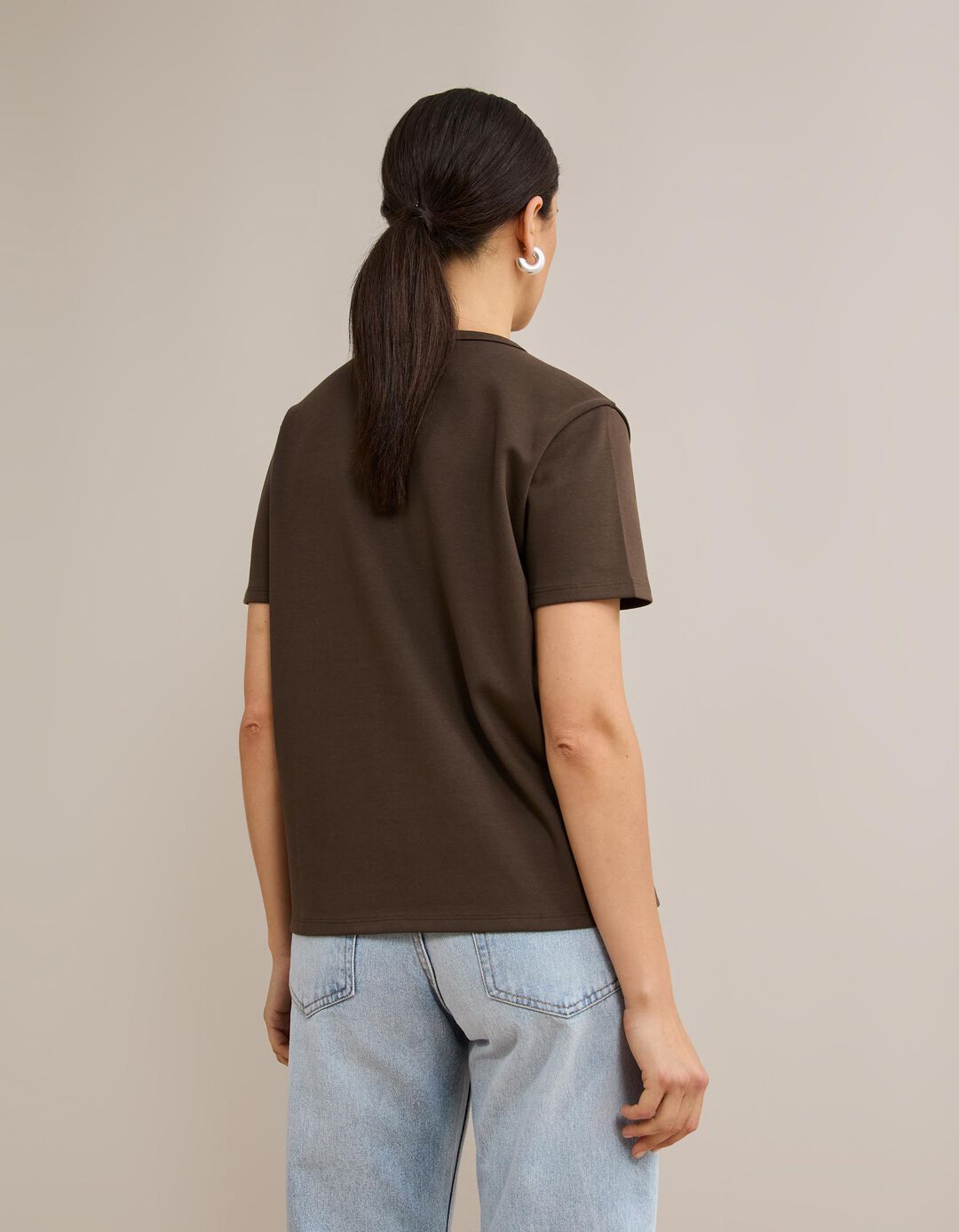 T-shirt Interlock Manga Curta, Mulher, Castanho Escuro