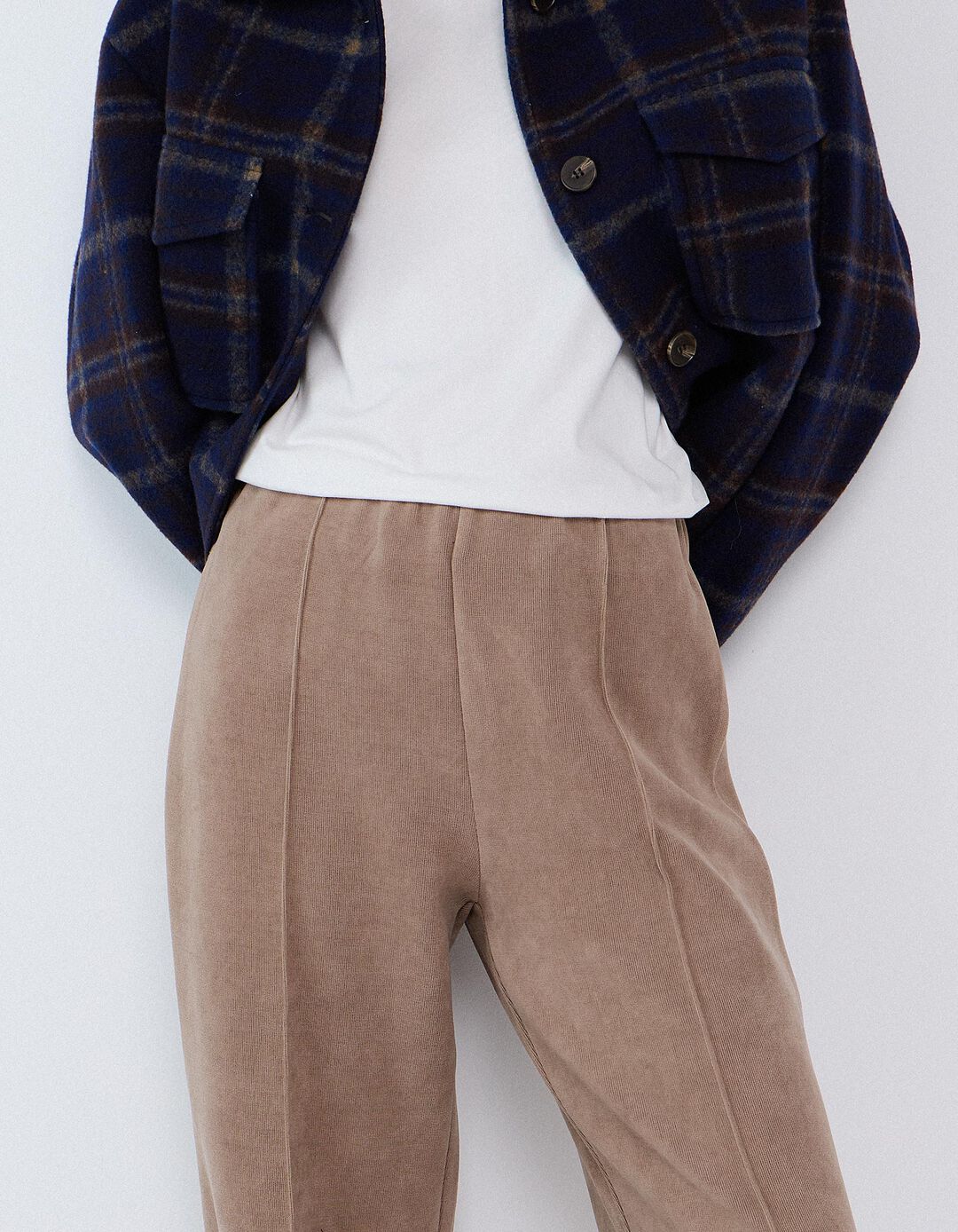 Cal&ccedil;as De Malha Interlock Wide Leg, Mulher, Bege Escuro