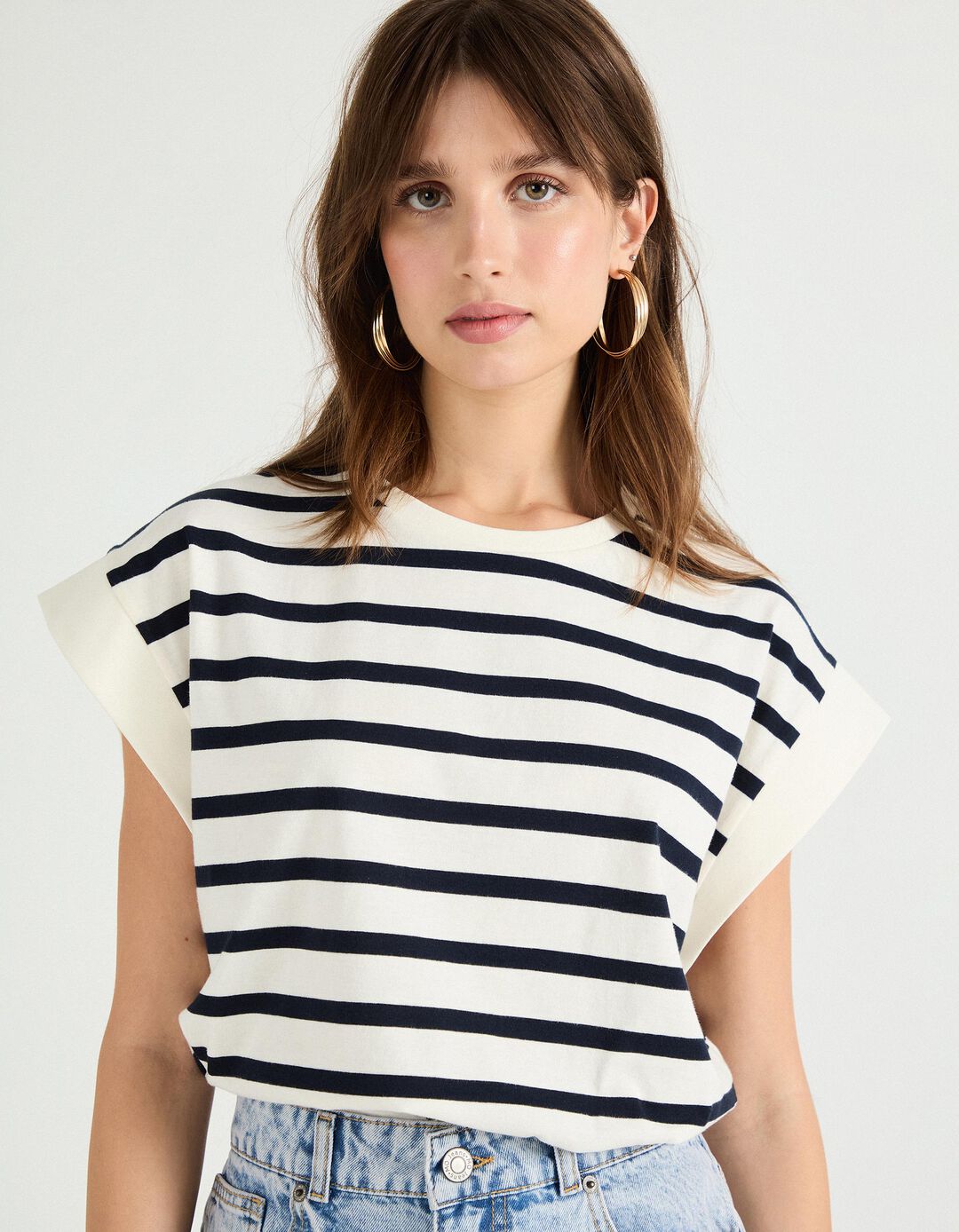 T-shirt com Riscas, Mulher, Azul Escuro