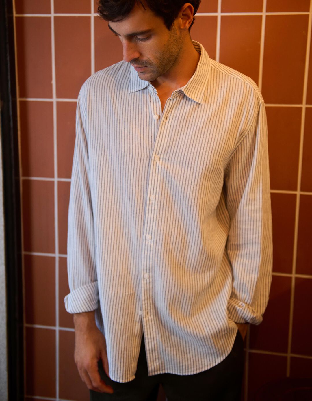 Camisa Riscas com Linho, Homem, Branco