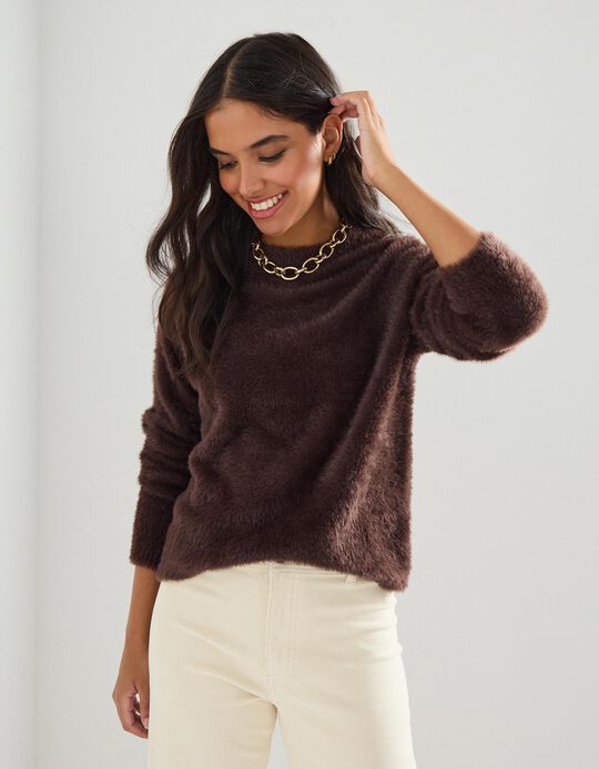 Comprar Online Camisola com Efeito de Pelo, Mulher, Castanho