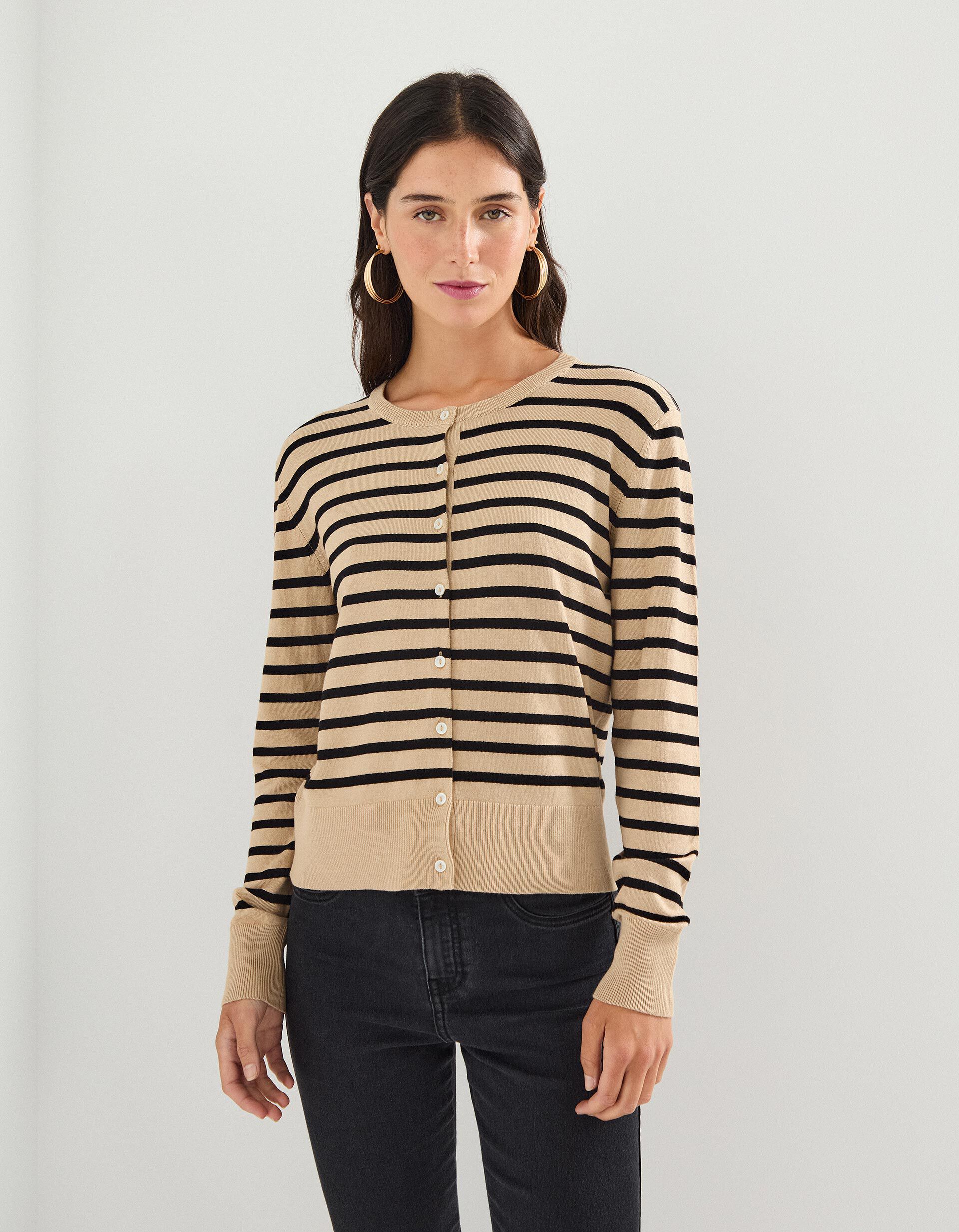 Casaco de Malha Riscas, Mulher, Bege