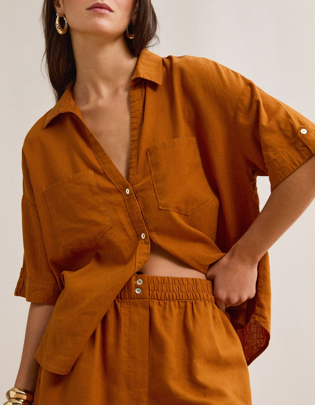 Blusa com linho, Mulher, Castanho Claro 