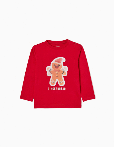 Long Sleeve Cotton T-shirt for Babies 'Gingerbread Man', Red