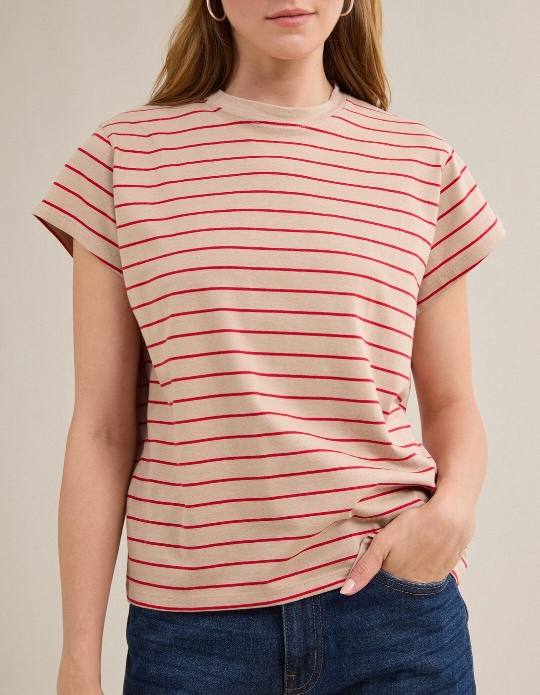 T-shirt &agrave;s Riscas, Mulher, Bege