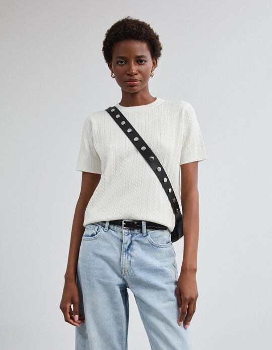 Comprar Online Camisola Tricotada Manga Curta, Mulher, Cru