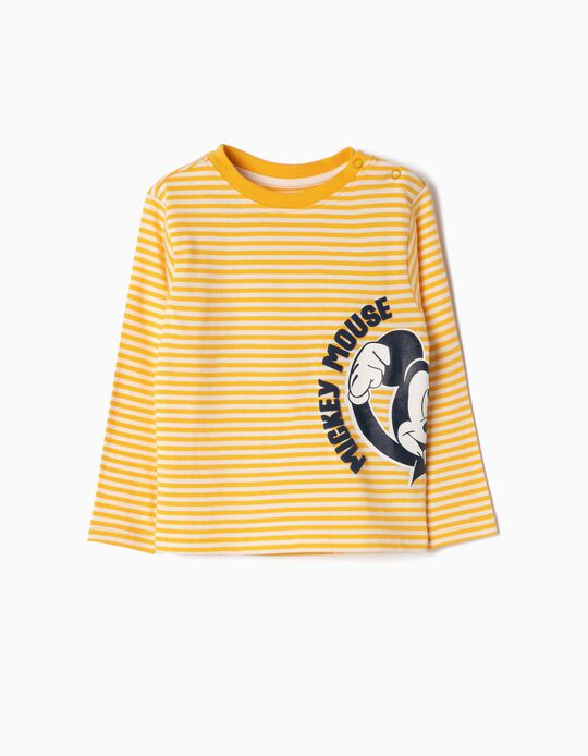 T-shirt Manga Comprida para Beb&eacute; Menino 'Mickey', Amarelo e Branco