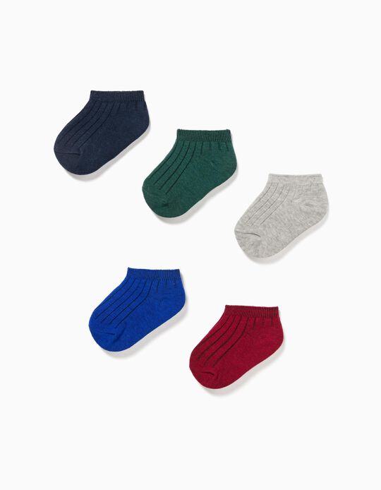 5 Pairs of Ribbed Ankle Socks for Baby Boys, Multicoloured
