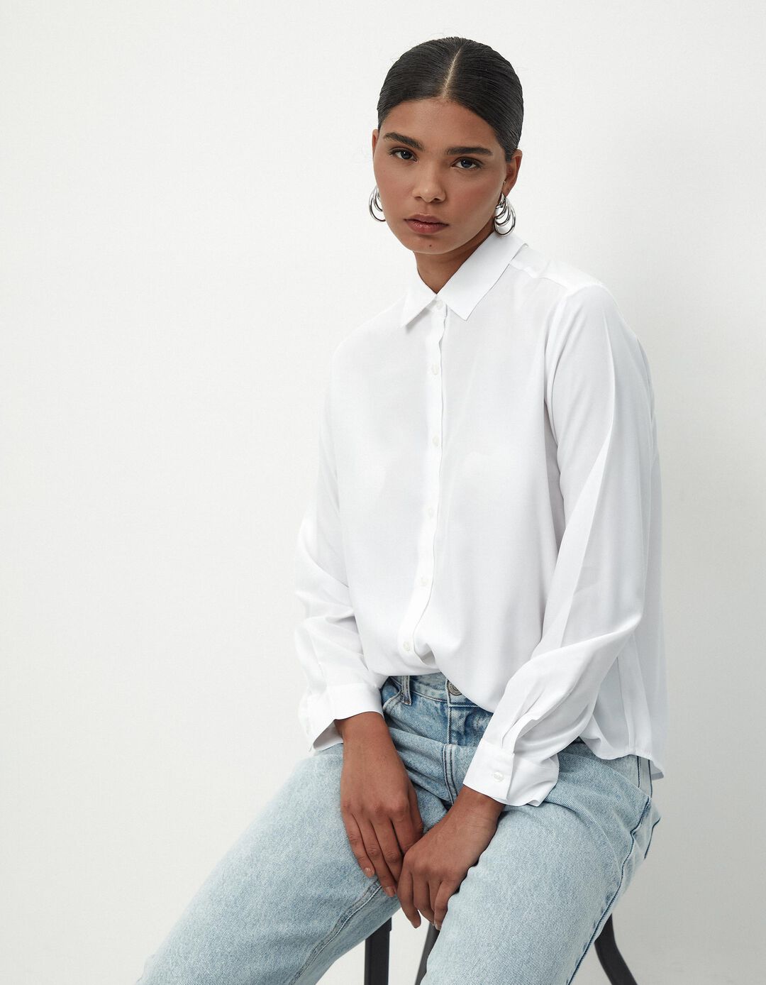 Camisa de Manga Comprida Popelina, Mulher, Branco