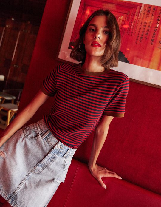 Comprar Online T-shirt Manga Curta &Agrave;s Riscas, Mulher, Vermelho