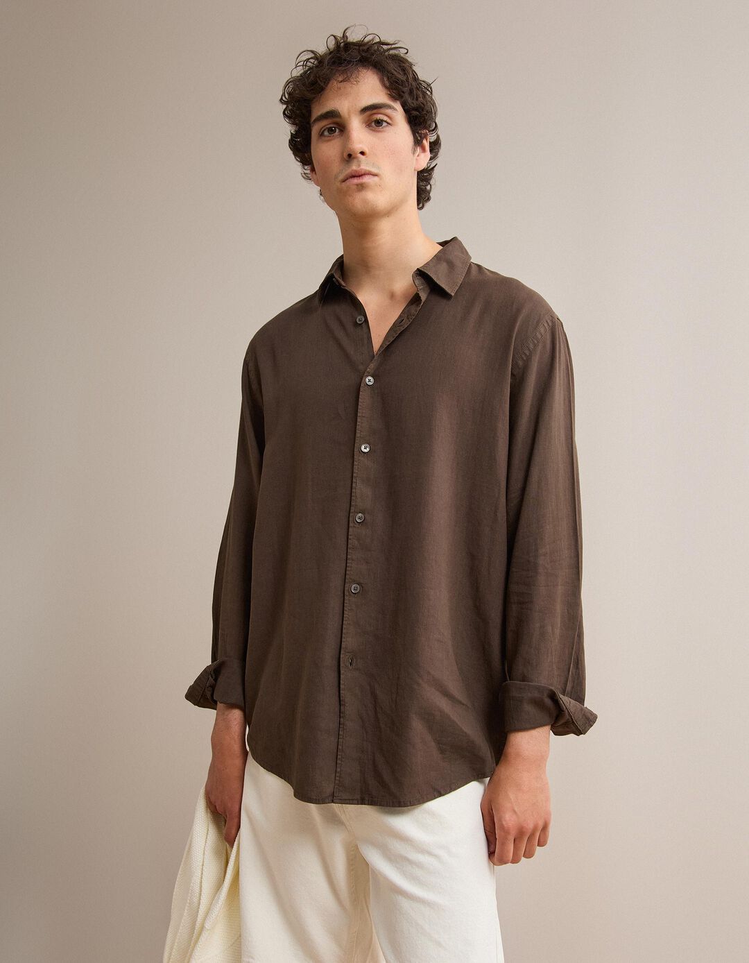 Camisa com Linho, Homem, Castanho