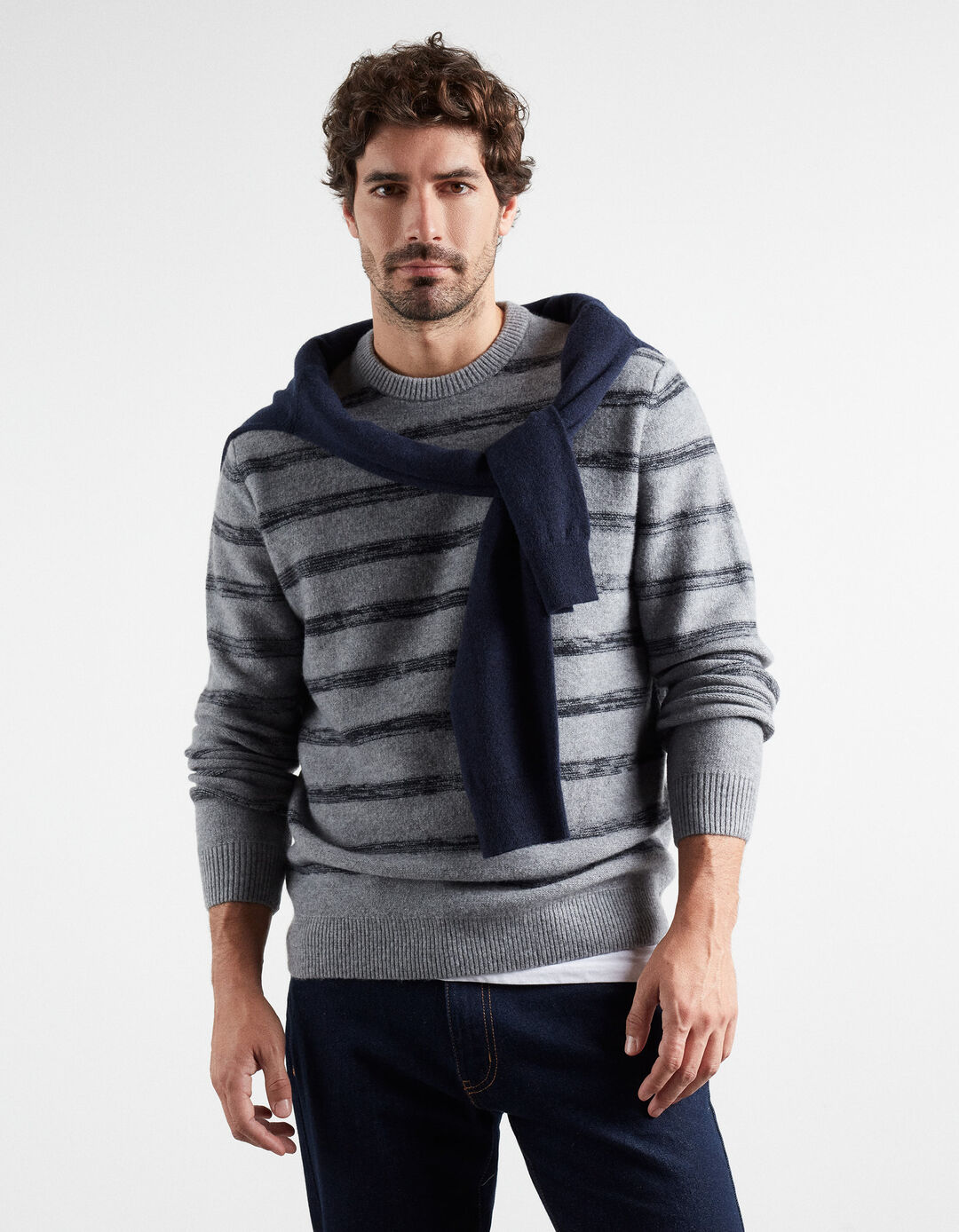 Striped Wool Blend Sweater, Men, Light Gray