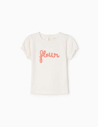 T-shirt de Algodão para Menina 'Flor', Branco/Coral
