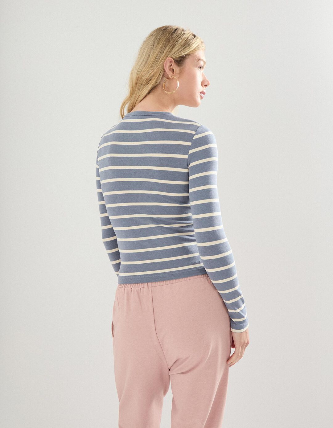 T-shirt de Manga Comprida Riscas, Mulher, Azul