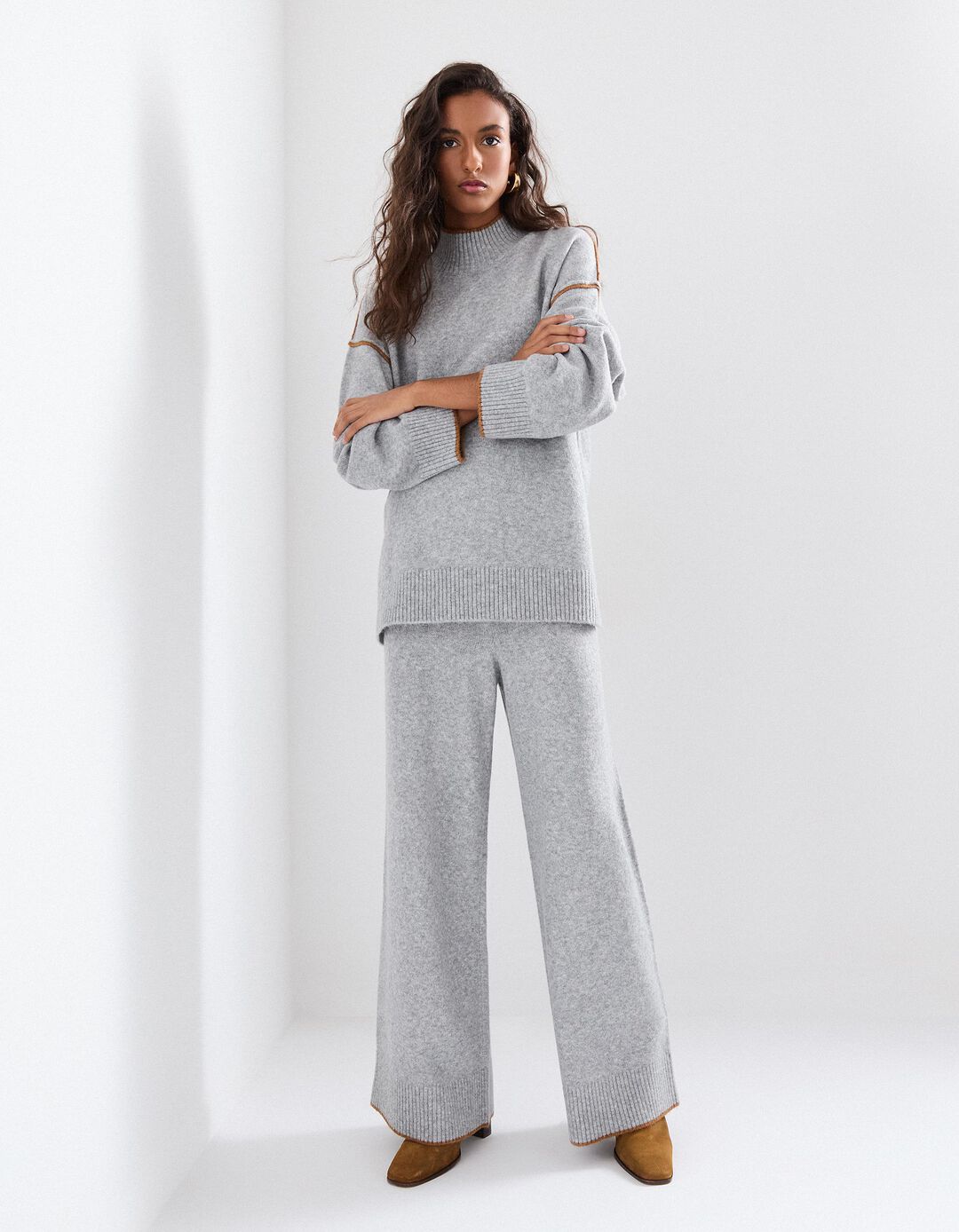 Calças de Malha com Lã, Mulher, Cinzento Clro