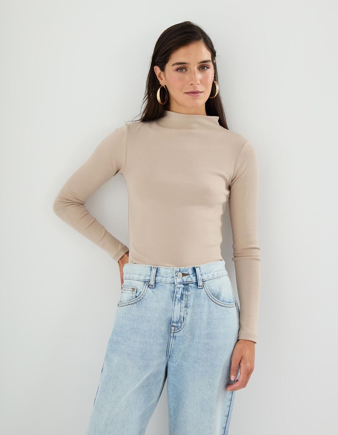 Camisola com Gola Alta, Mulher, Bege