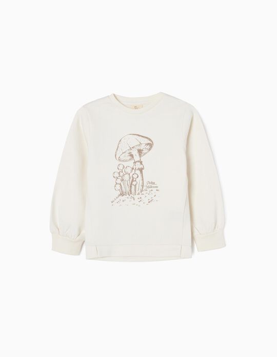 Cotton Brushed Sweatshirt for Girls 'Mushrooms', White