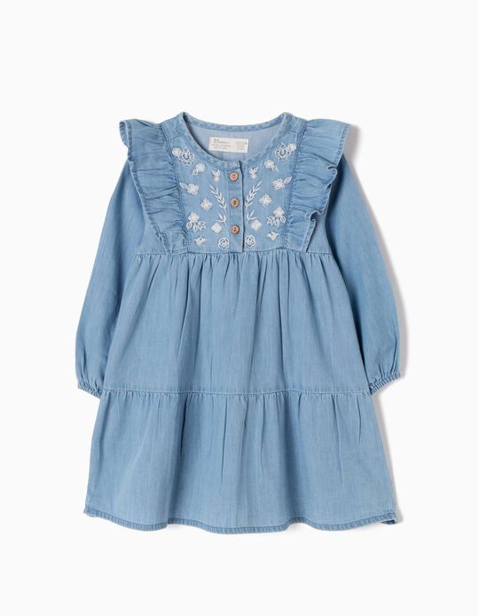 Denim Dress with Ruffles & Embroideries