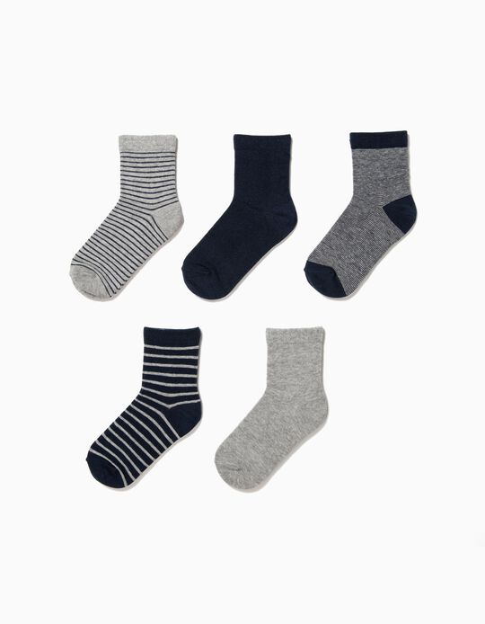 Pack 5 Meias para Menino Lisas e Fantasia, Azul e Cinza