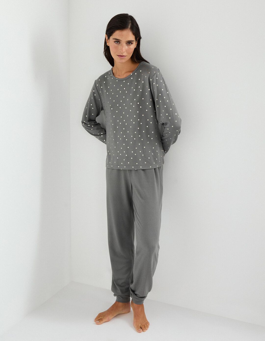 Pijama com Estampado Metalizado, Mulher, Cinzento Escuro
