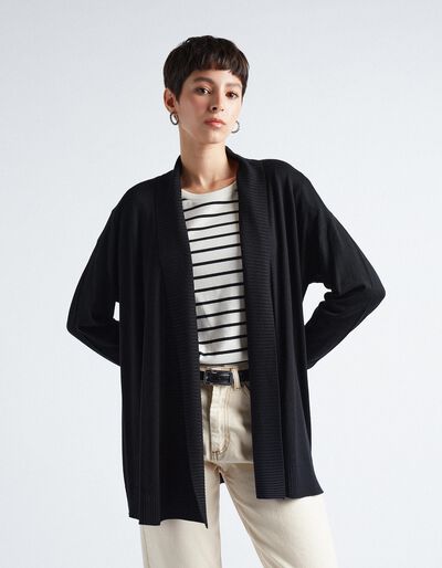 Ribbed Knitted Cardigan, Women, Black