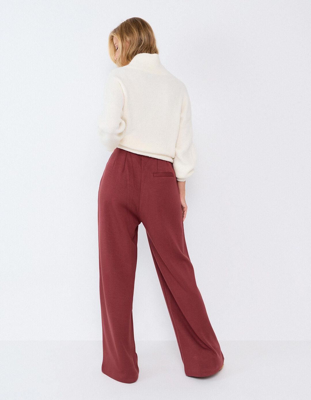 Cal&ccedil;as De Malha Interlock Wide Leg, Mulher, Vermelho Escuro