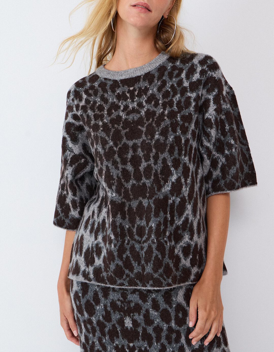 Camisola De Malha Animal Print, Mulher, Cinzento