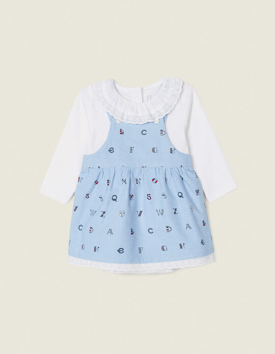 Bodysuit + Dress for Newborn Baby Girls 'Letters', White/Blue