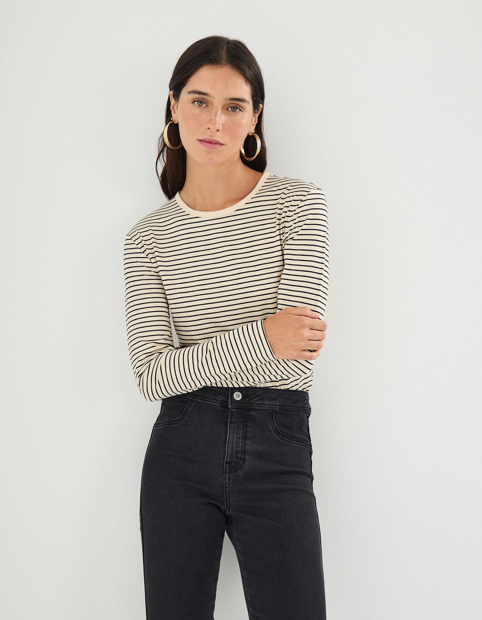 Comprar Online T-shirt de Manga Comprida Riscas, Mulher, Bege Claro