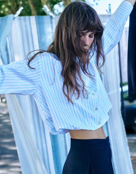 Comprar Online Camisa Curta &Agrave;s Riscas, Mulher, Azul Claro