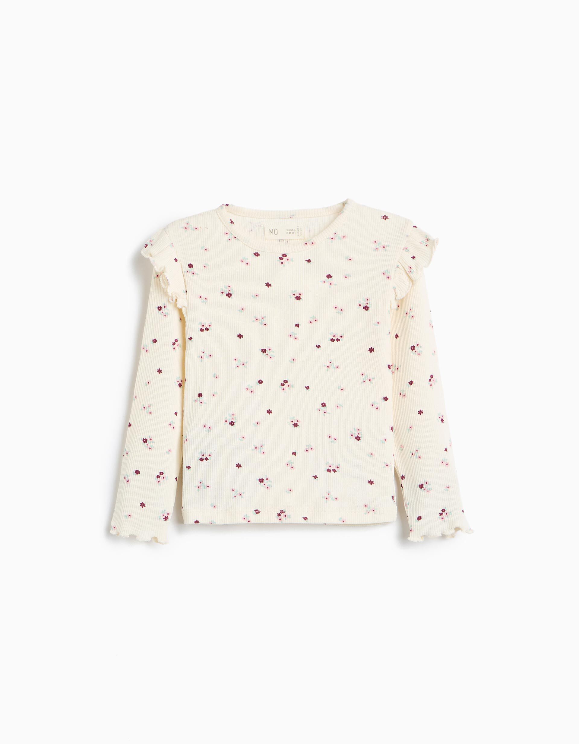 Comprar Online Camisola Canelada Com Flores, Menina, Bege Claro