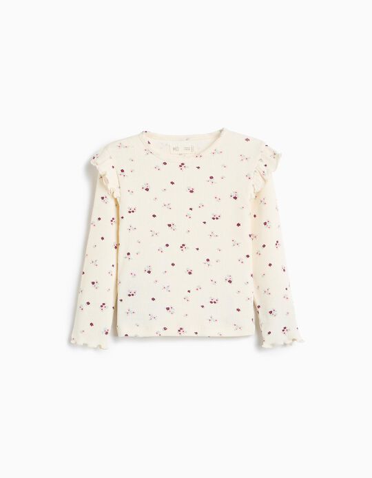 Comprar Online Camisola Canelada Com Flores, Menina, Bege Claro