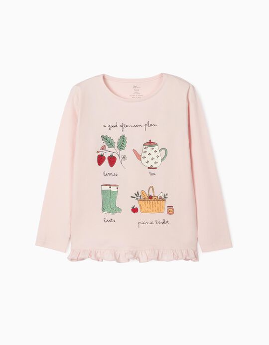 Long Sleeve Top in Organic Cotton for Girls, 'Afternoon', Pink