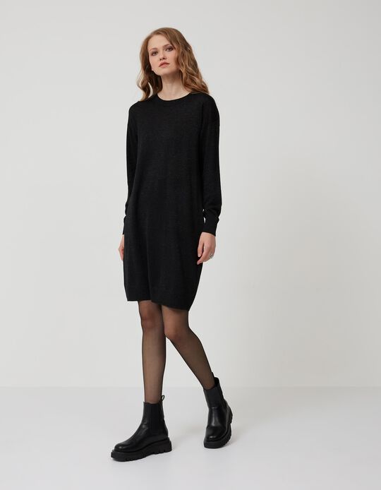 Fine Knit Shimmery Dress, Women, Black